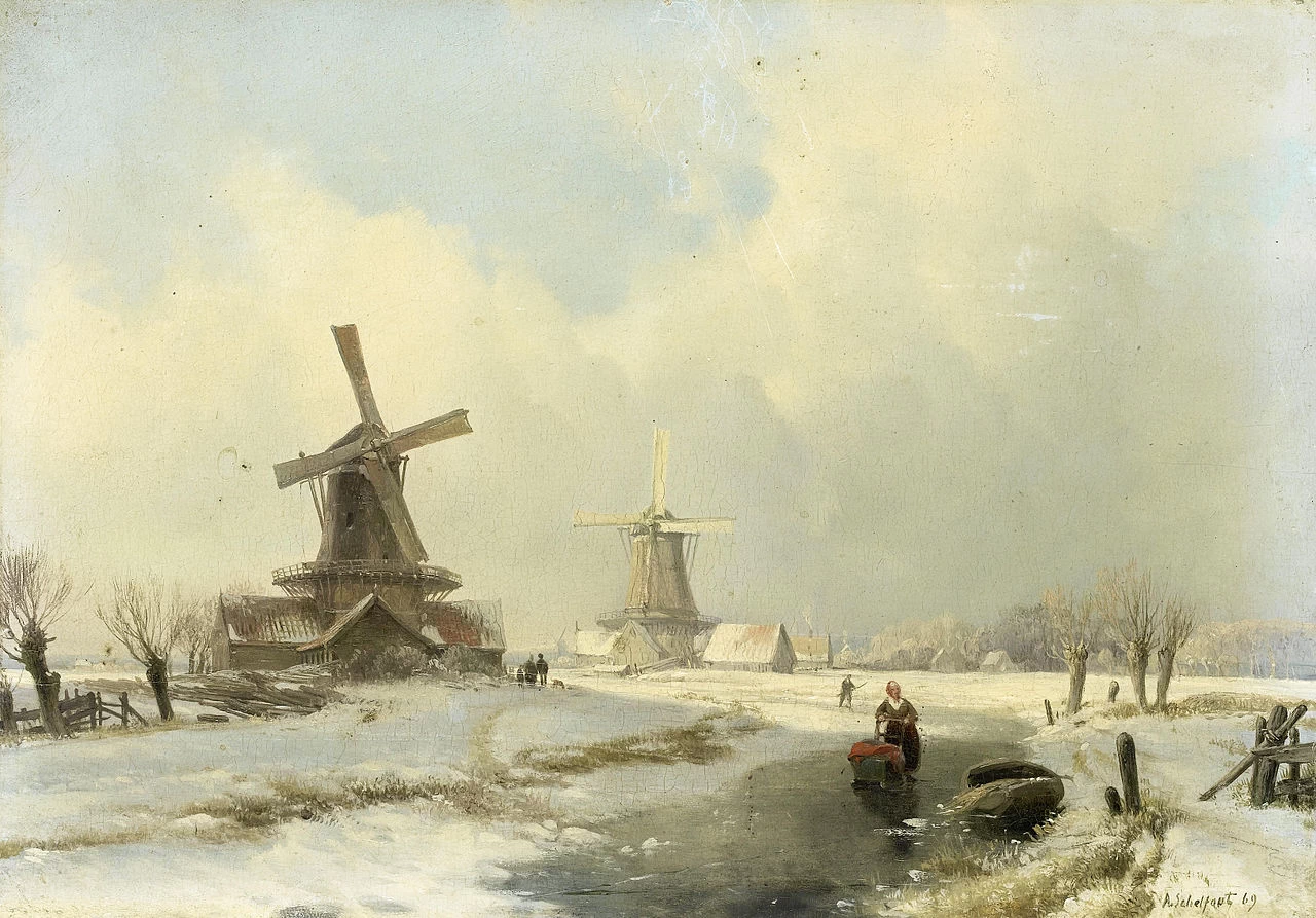 Paesaggio invernale con due mulini a vento